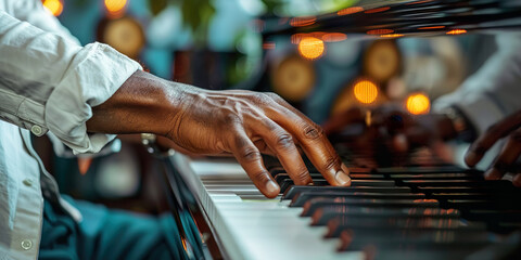 Closeup of hands of person playing piano
