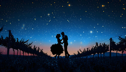 Clipart of a couple dancing under the starry sky in a vineyardar74v60 Generative AI