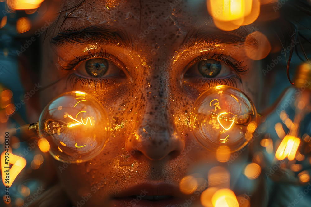 Poster an individual with furrowed brows, surrounded by glowing lightbulbs symbolizing a flurry of thoughts