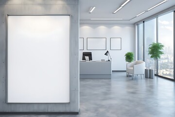  Modern concrete office reception with empty white mock up banner and panoramic window with city view. Workplace concept. 3D Rendering. 
