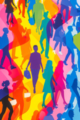 A colorful painting of people walking in a rainbow line