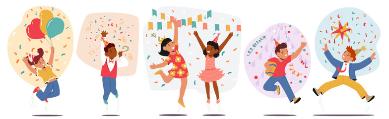 Group Of Children Characters Celebrating Birthday With Balloons, Gifts And Confetti. Happy Girls and Boys Sharing Joy