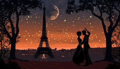 Clipart of a couple dancing under the Eiffel Tower at nightar74v60 Generative AI