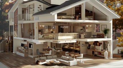 3D rendering, cut model of a section of a residential building, apartment with furniture and lighting.