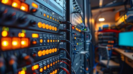 Network Switch and Ethernet Cables in Data Center, Close-Up, server room