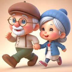 Elderly Animated Couple Walking Hand in Hand on a Sunny Afternoon