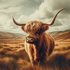 Majestic Highland Cow in Golden Grassland: A Tranquil Scene of Natural Beauty with Rolling Hills and Cloudy Sky