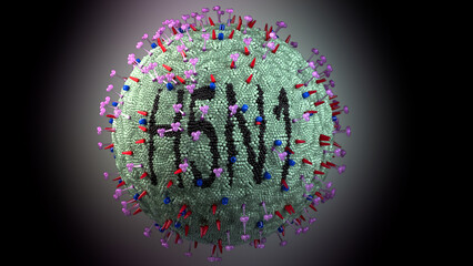 3d render of an H5N1 virus with some of its lipids spelling out "H5N1"