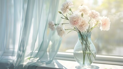 Glass vase decorated with light coloured carnations on the windowsill
