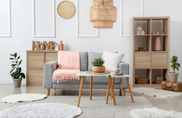 Interior of modern stylish living room with grey sofa and plaid