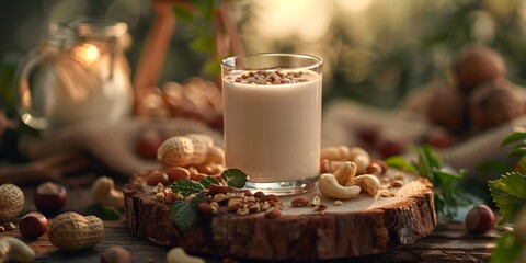 glass of milk stands serenely atop a rustic wooden table, creating a peaceful and natural scene.