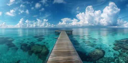 Fototapeta premium Beautiful blue sea and sky with pier in island, panoramic view of tropical beach resort graphic background for website