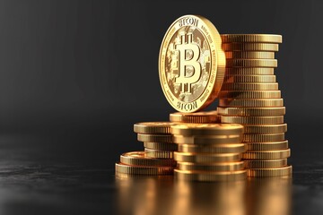 Golden bitcoin and stack of coins on a black background. Concept for business, trading or financial software advertising. 