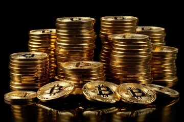 Golden bitcoin and stack of coins on a black background. Concept for business, trading or financial software advertising. 