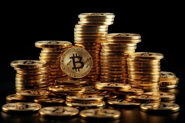 Golden bitcoin and stack of coins on a black background. Concept for business, trading or financial software advertising. 