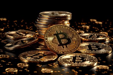 Golden bitcoin and stack of coins on a black background. Concept for business, trading or financial software advertising. 
