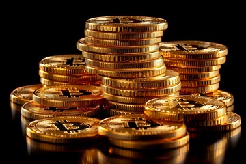 Golden bitcoin and stack of coins on a black background. Concept for business, trading or financial software advertising. 