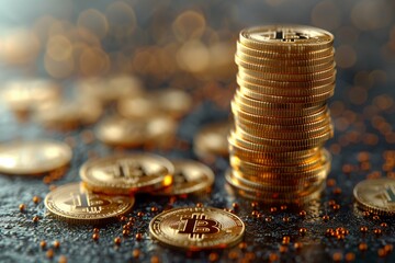 Golden bitcoin and stack of coins on a black background. Concept for business, trading or financial software advertising. 