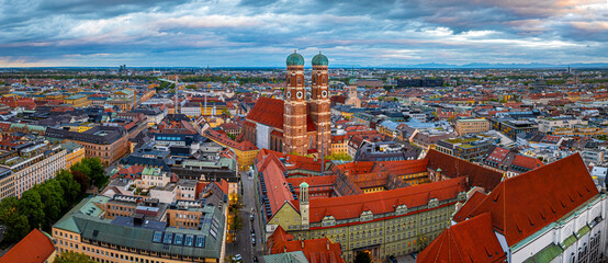 Aerial view of the Frauenkirche, a church in Munich, Bavaria, a symbol of the city