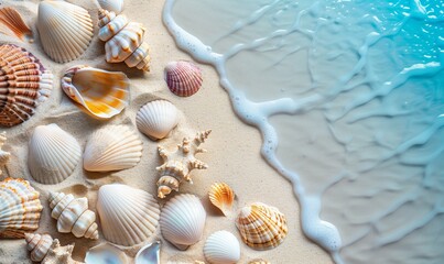 Fototapeta na wymiar White sand beach with colorful seashells on the shore, top view. summer background with copy space for text