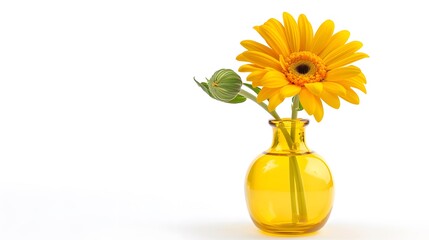 yellow flower in yellow glass vase with isolated white background
