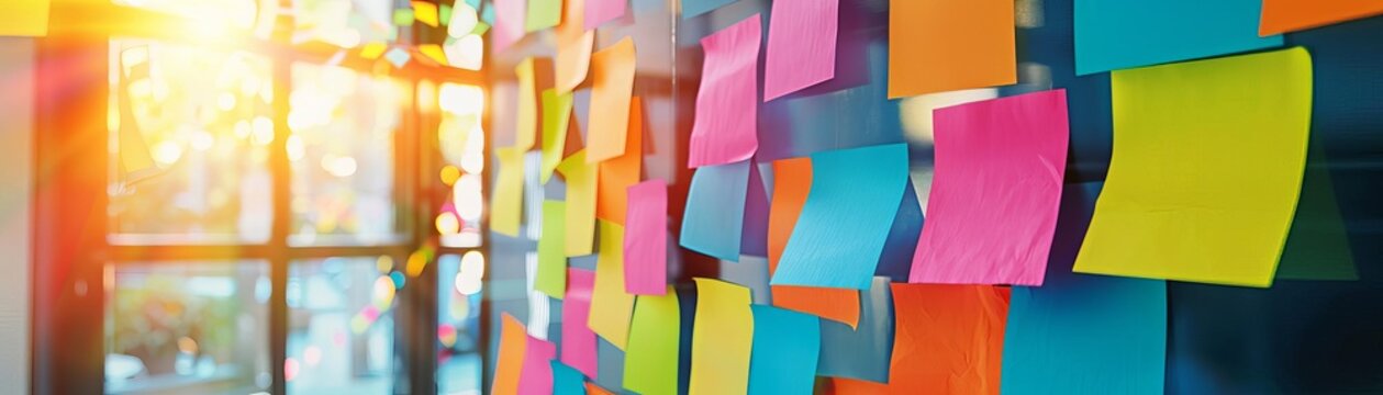 Viral marketing brainstorming, dynamic team, colorful postits, bright creative space, wide shot