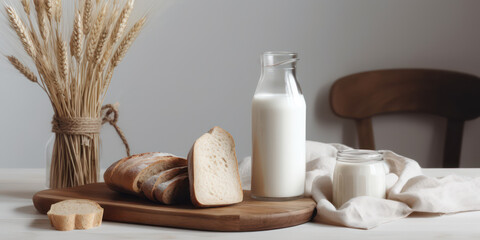 Bread, milk and a wheat on a wooden table. Concept of the Israeli holiday Shavuot.