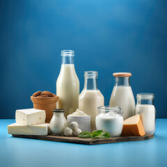 Dairy products and nuts on a blue background. Concept of the Israeli holiday Shavuot.