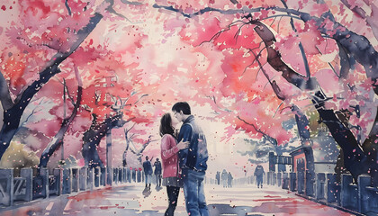 A watercolor painting of a couple sharing a kiss under the cherry blossom trees in Kyotoar74v60 Generative AI