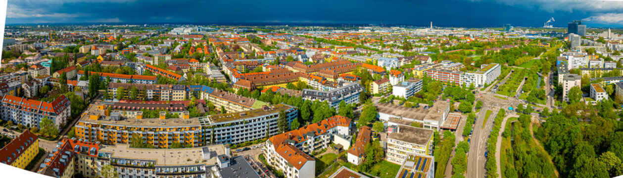 Fototapeta Aerial view of new build area in Munich, the capital and most populous city of Bavaria