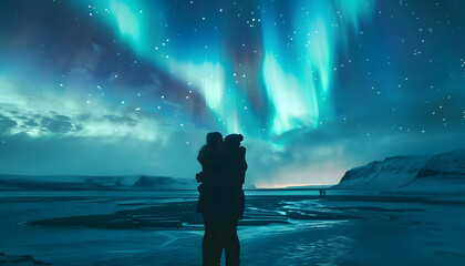 A couples tender embrace beneath the shimmering lights of the northern lights in Icelandar74v60 Generative AI