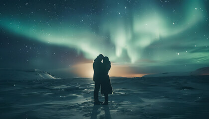 A couples tender embrace beneath the shimmering lights of the northern lights in Icelandar74v60 Generative AI