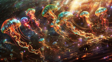 Vibrant Digital Art of Neon Jellyfish in Deep Sea Environment