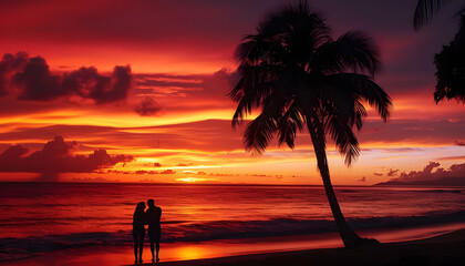 A couples silhouettes intertwined against the backdrop of a fiery sunset on a Caribbean beachar74v60 Generative AI