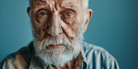 sad old man with a beaten face and a black eye on blue background.