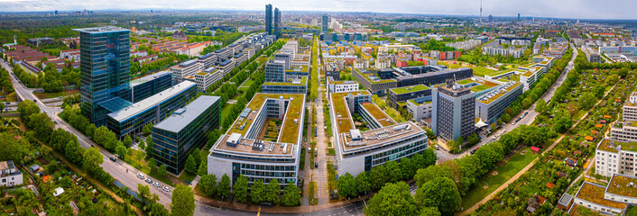 Aerial view of new build business area in Munich, the capital and most populous city of Bavaria
