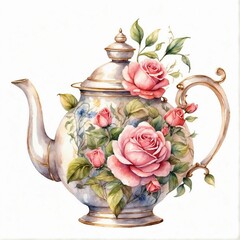 Vintage watercolor pastel floral teapot with pink roses clip art - obrazy, fototapety, plakaty