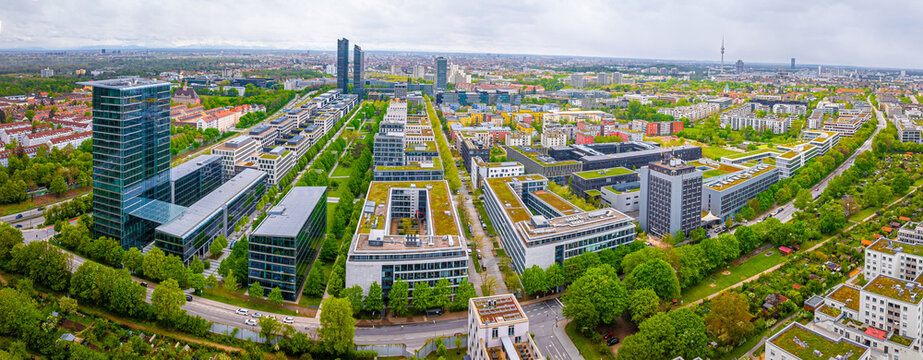 Fototapeta Aerial view of new build business area in Munich, the capital and most populous city of Bavaria