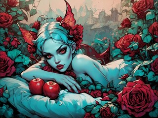 Illustration of a Succubus Lying on the Bed and Surrounded by Flowers, AI Generative