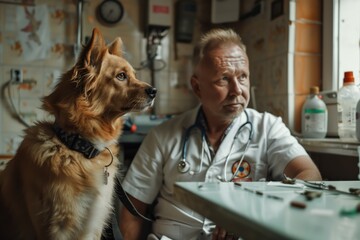 Veterinarian examining a dog in a veterinary clinic. Veterinarian with a dog.