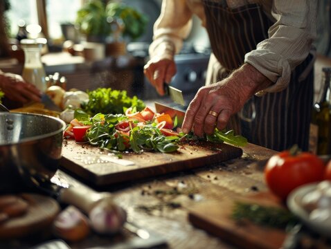 person delicately slicing fresh vegetables on a wooden cutting board in a bustling kitchen setting. - Powered by Adobe