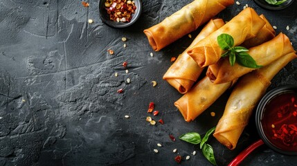 Tasty fried spring rolls on a grey surface from above with space for writing