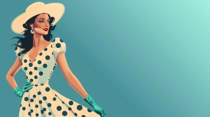 Elegant Woman in Polka Dot Dress with Stylish Hat Against Blue Background
