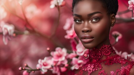 Elegant African Woman Amidst Blossoming Cherry Trees