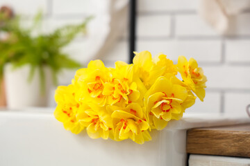 Beautiful bouquet of daffodils in sink in kitchen, closeup