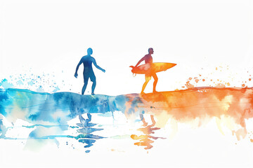Minimalistic watercolor of surfing on a white background, cute and comical,