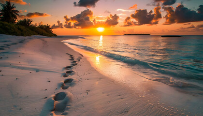 A couples footprints in the sand leading towards the sunset on a secluded beach in the Maldivesar74v Generative AI