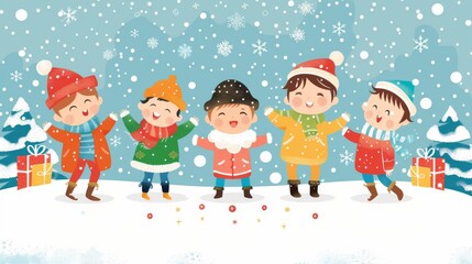 Joyful Children Celebrating Winter Season with Snowfall and Gifts