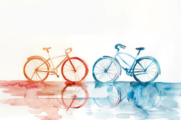 Minimalistic watercolor of cycling on a white background, cute and comical,