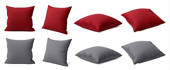 set of red maroon grey gray blank cushion pillow cover, front side lying view on white background. Many angle. Mockup template for design